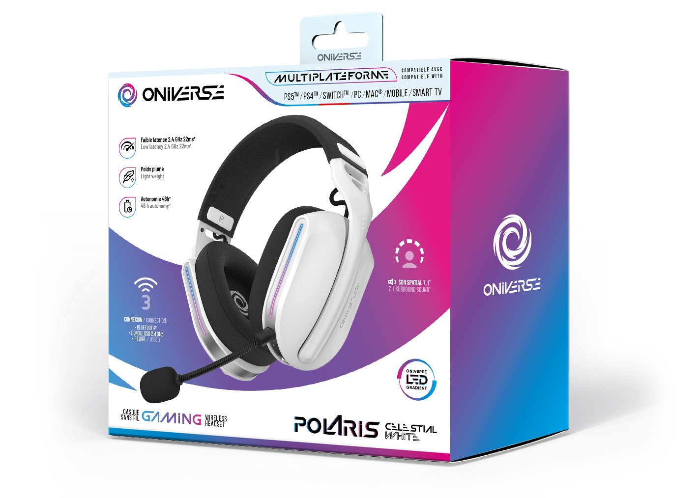 Pudełko z zestawem słuchawkowym z białym zestawem słuchawkowym, szczegóły kompatybilności z wieloma platformami.