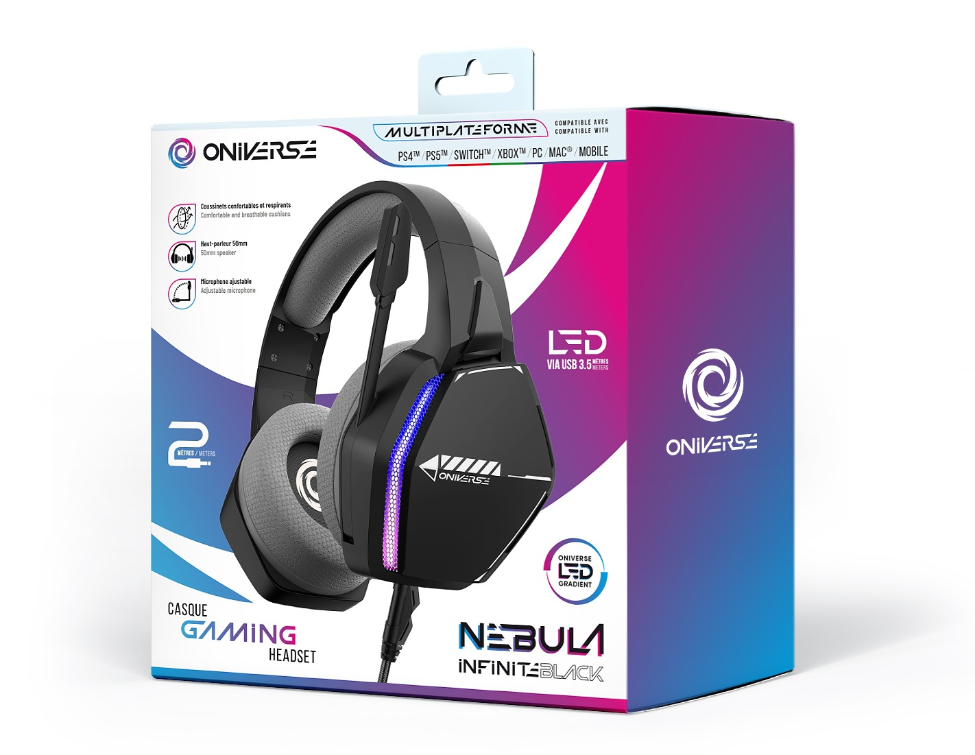 Zestaw słuchawkowy do gier w pudełku z napisem 'CASQUE GAMING HEADSET' i LED przez USB 3.5.