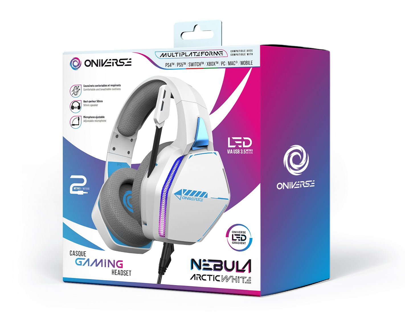 Gaming headset box. White headset, blue accents, and ONIVERSE branding.