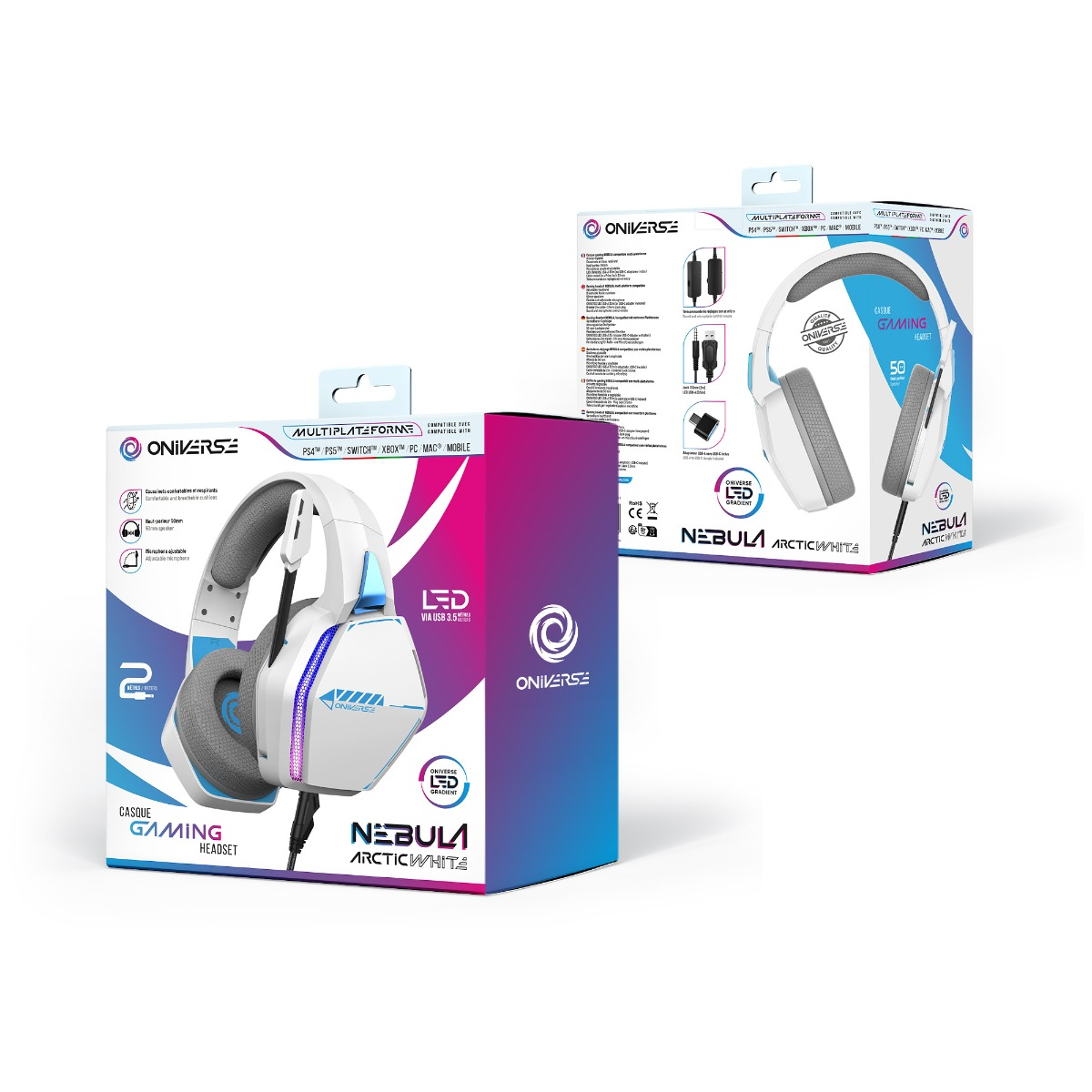 Two boxes of gaming headsets, one open and one closed, with accessories.