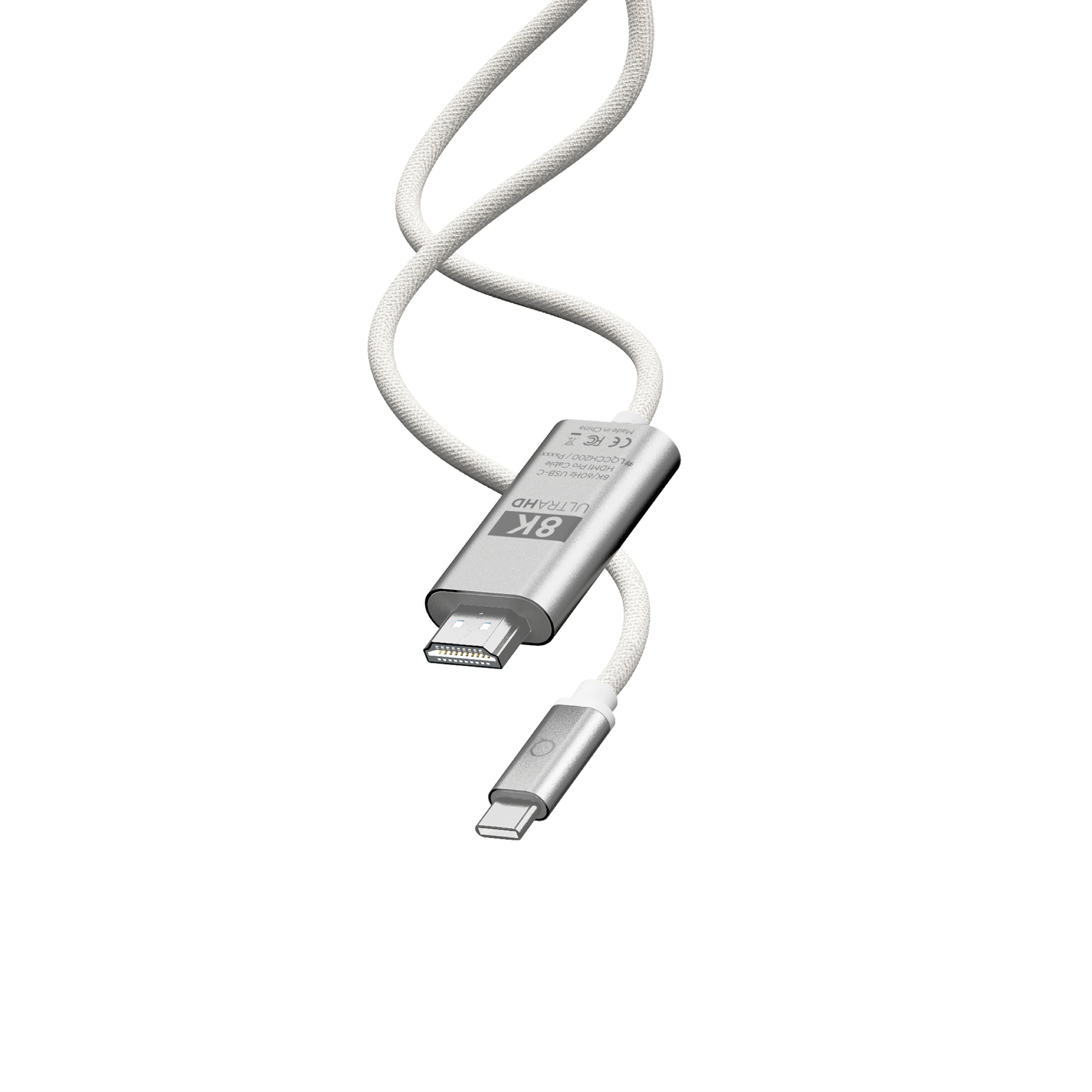 Cavo HDMI 8K Ultra HD argento e bianco con connettori USB-C e HDMI.