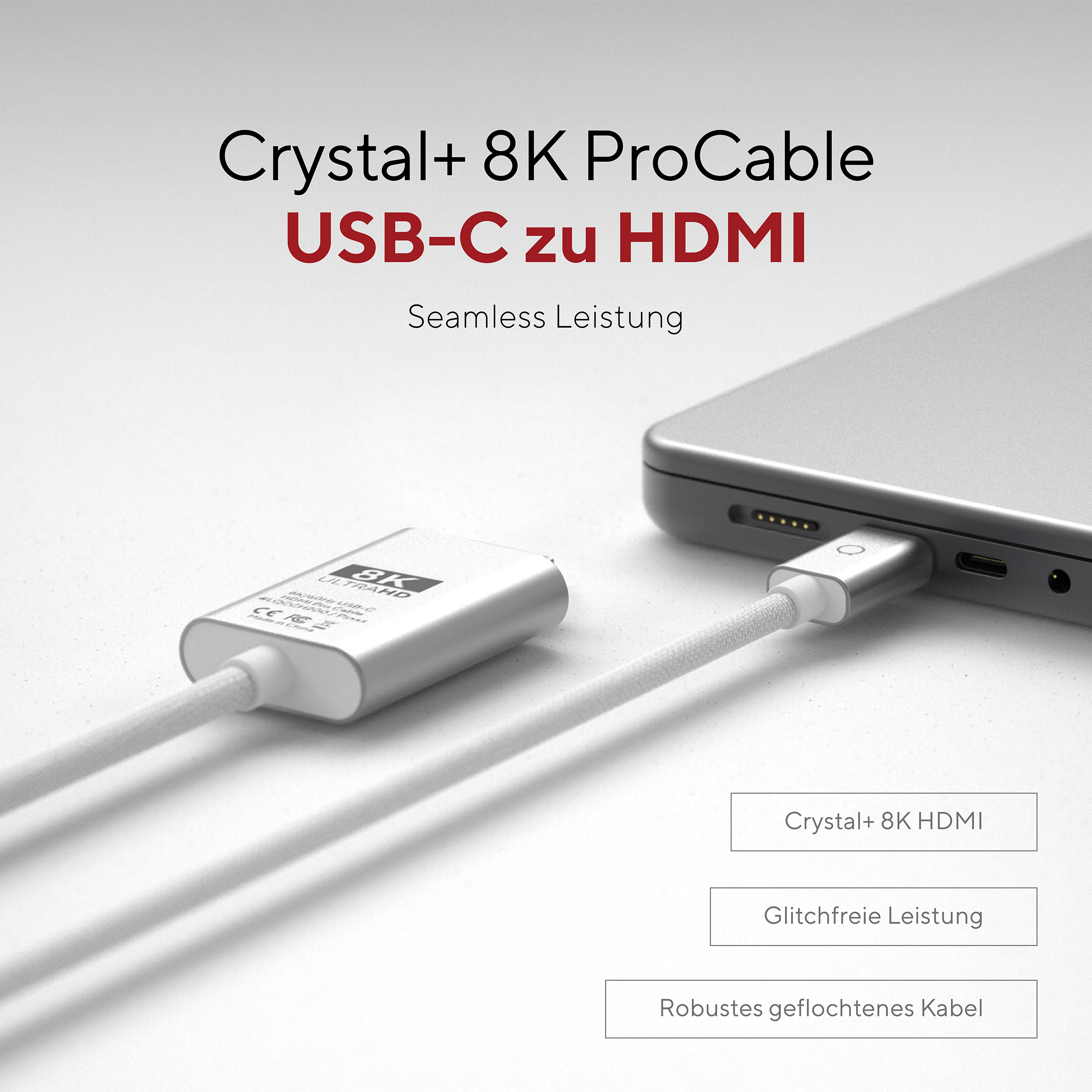 Cavo USB-C a HDMI argentato collegato a un laptop. Nome prodotto: Crystal+ 8K ProCable.