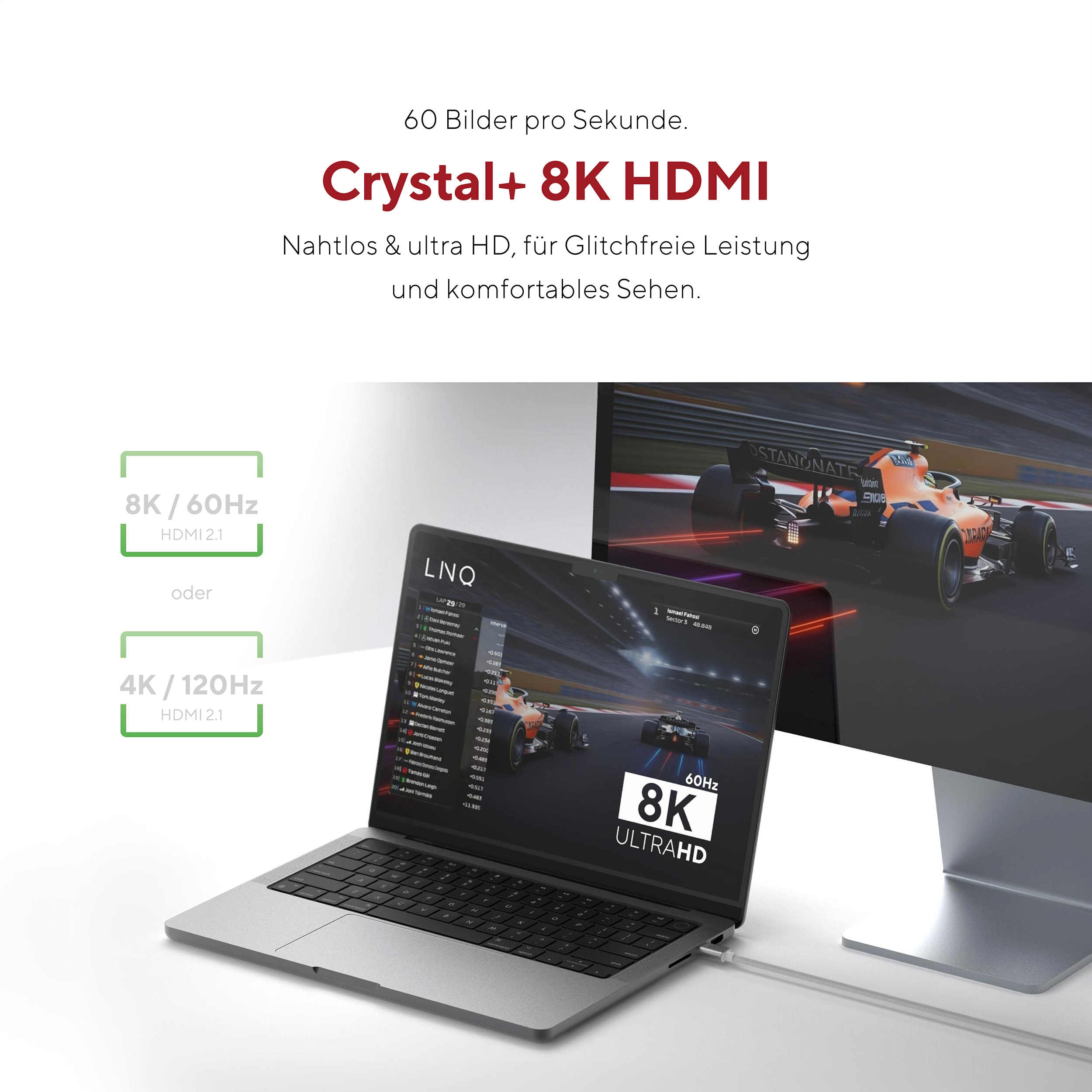Laptop che mostra una scena di gioco di corse collegata a un monitor. Testo su 8K Ultra HD.