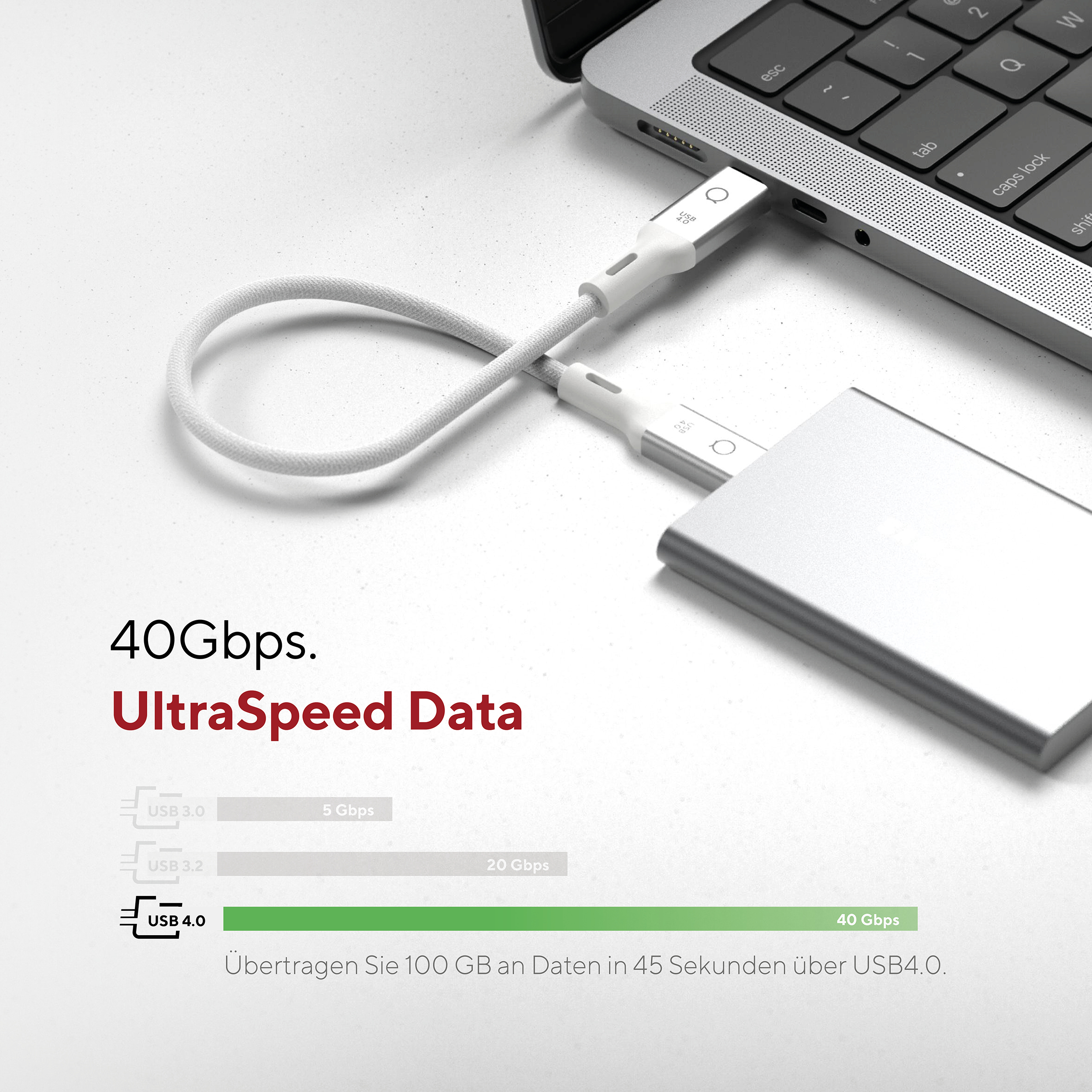 Cavo USB-C argento collegato a disco rigido argento, superficie bianca, testo sulla velocità dati.