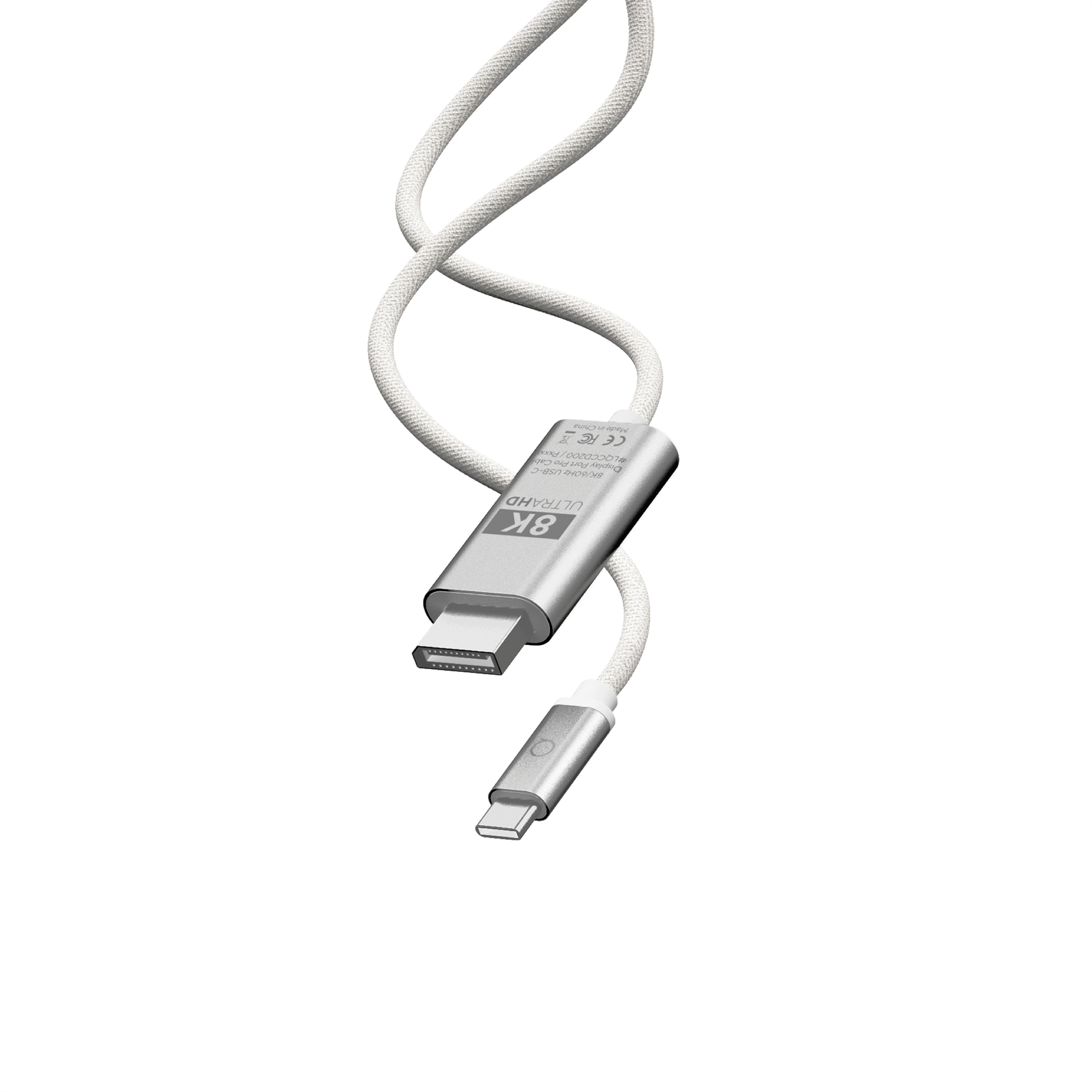 Cavo argento e bianco 8K ultra alta velocità con due connettori diversi, su bianco.