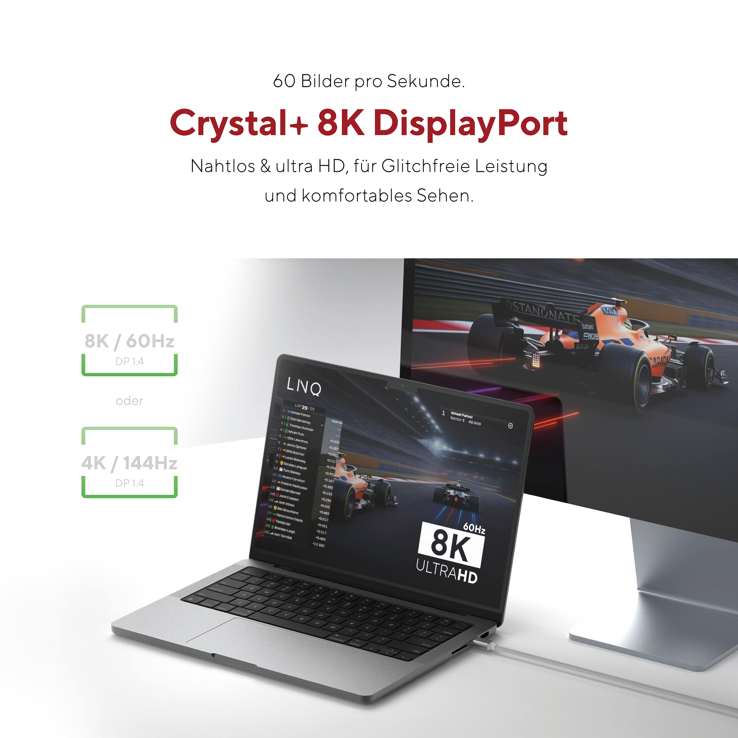 Laptop collegato a un monitor che mostra un gioco di corse automobilistiche. Testo: Crystal+ 8K DisplayPort.