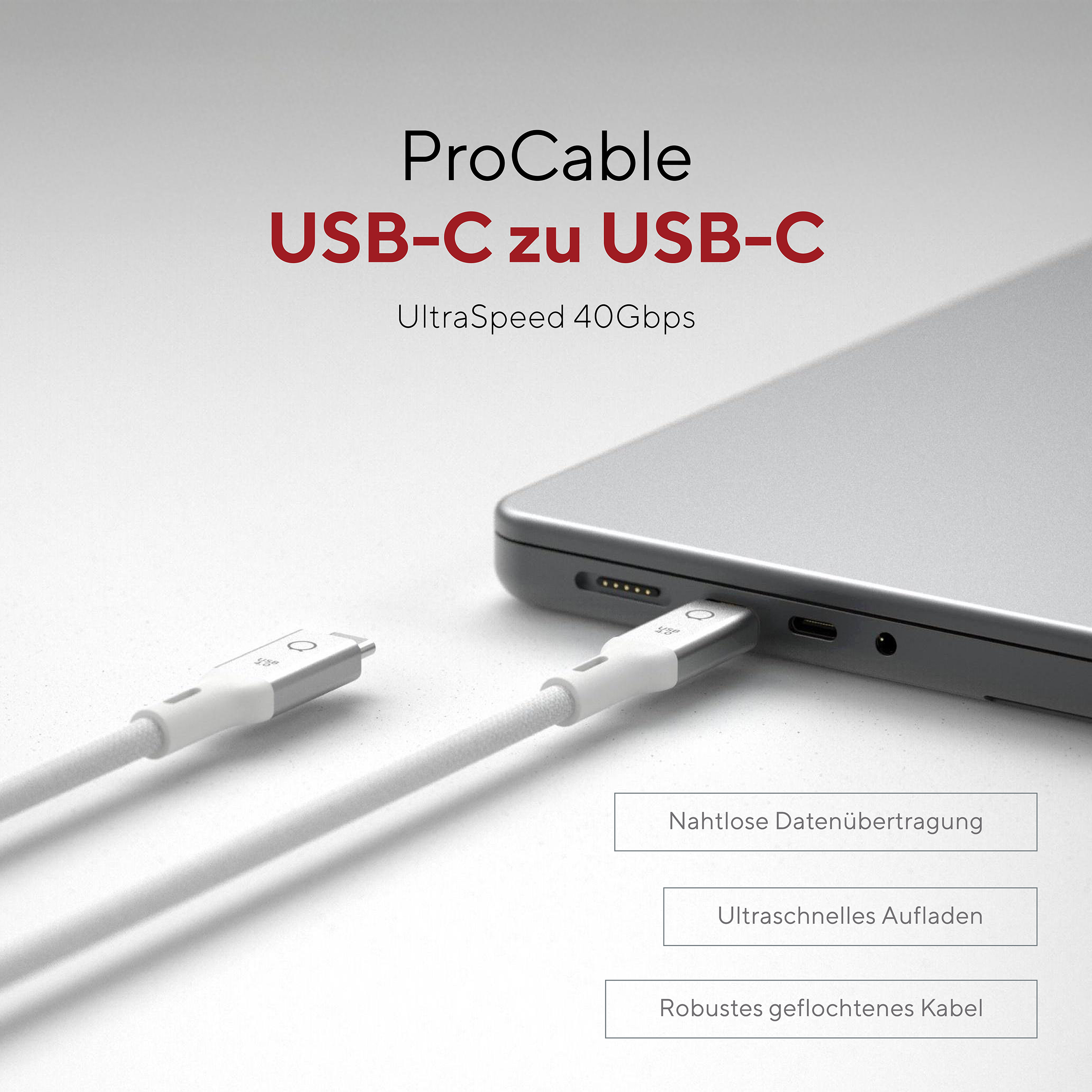 Un cavo da USB-C a USB-C collegato a un laptop, con etichette sul trasferimento dati e sulla ricarica.