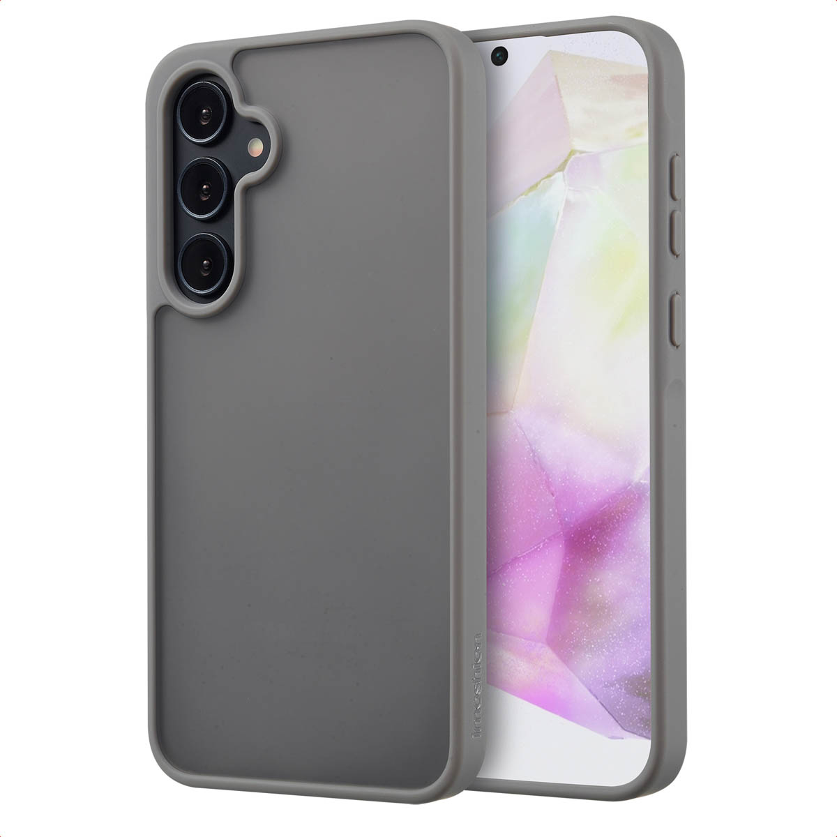 Un étui de téléphone gris sur un téléphone blanc avec un ensemble de caméras.