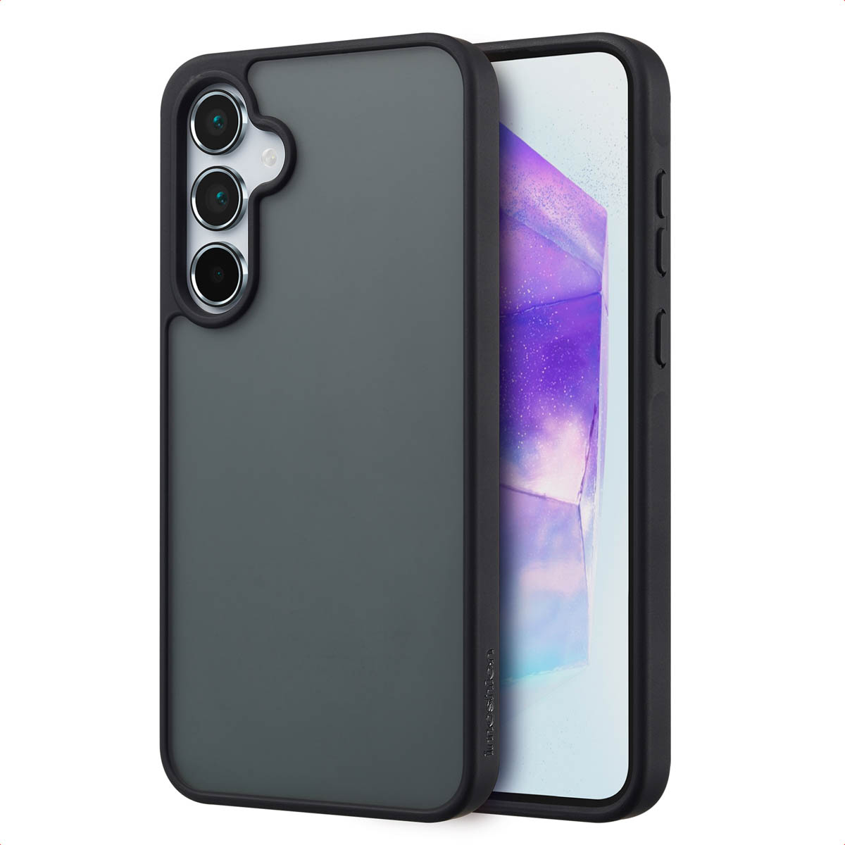 Een grijze telefoonhoes op een wit display. De hoes heeft een zwart frame.