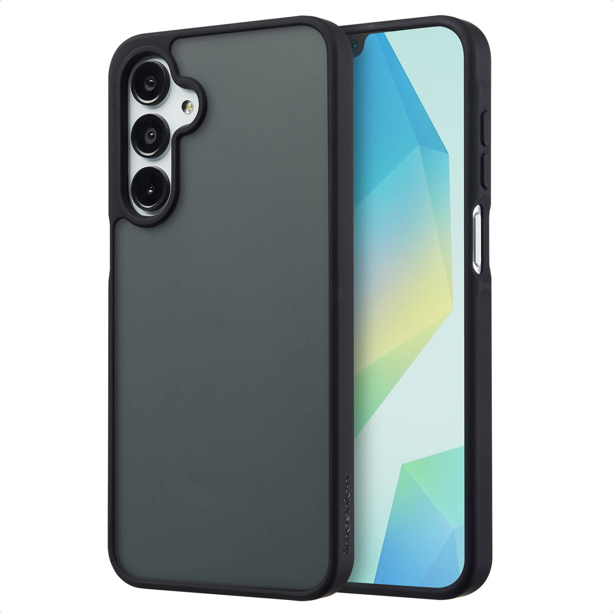 Coque de téléphone gris foncé sur un téléphone avec écran clair. Caméra noire, isolé sur fond blanc.