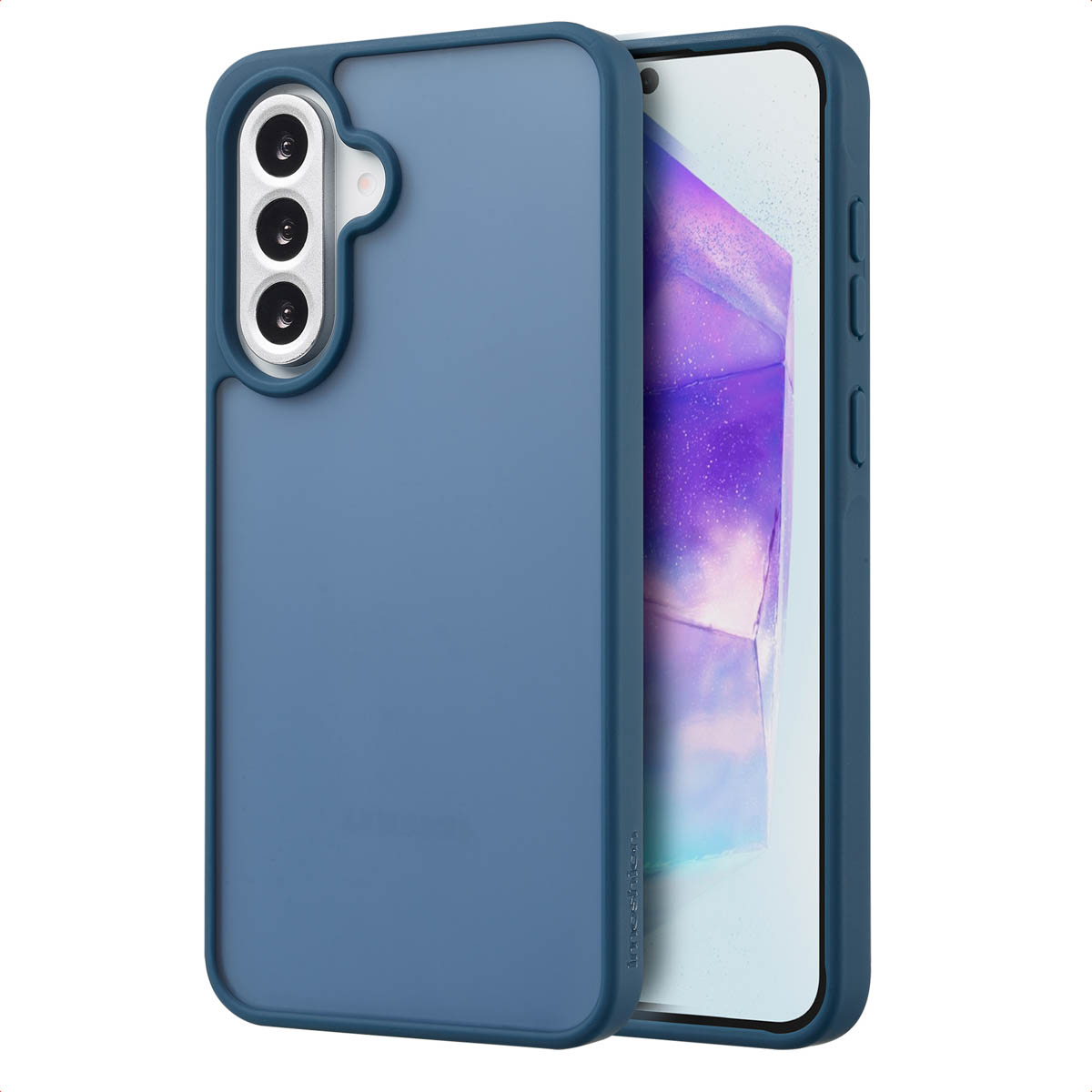 Blauwe telefoonhoes met telefoon. De hoes heeft een verhoogde rand.