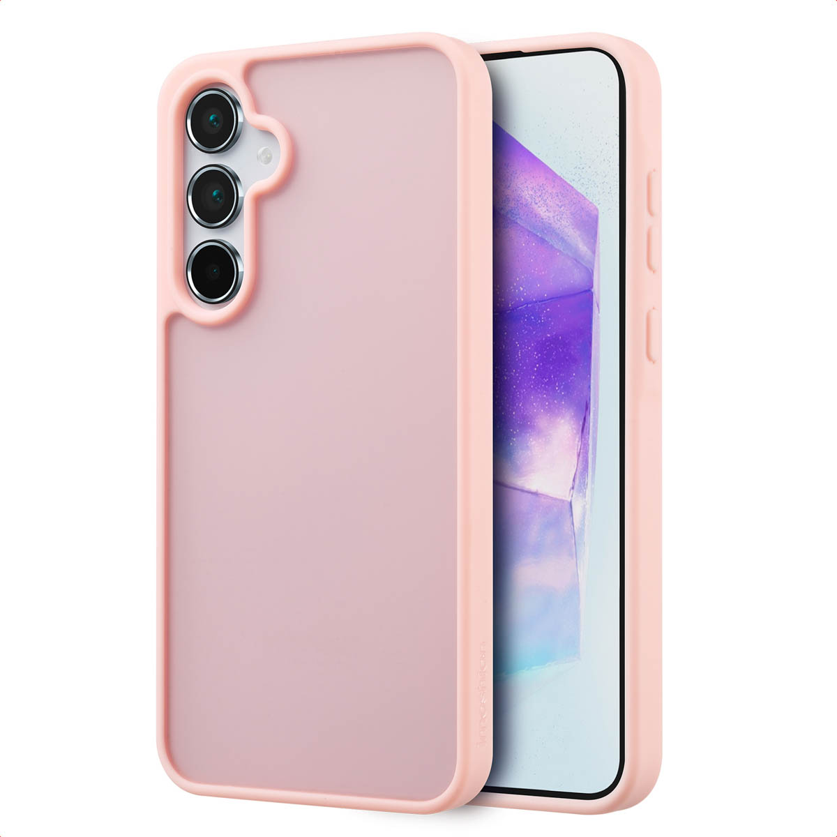 Roze telefoonhoes met een telefoon erin. De telefoon heeft een lichtblauw scherm. De hoes heeft een roze rand.
