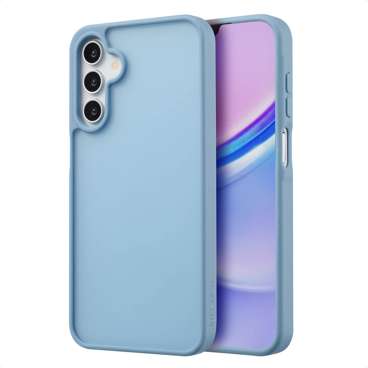 Een lichtblauwe telefoonhoes op een wit display. De hoes heeft een blauw frame.