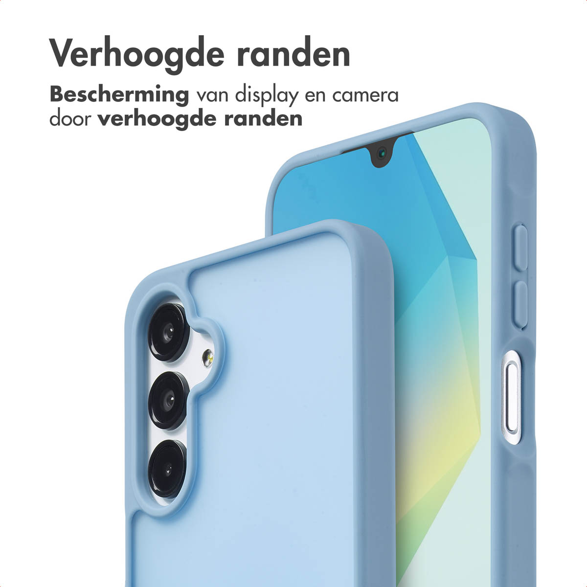 Deux coques de téléphone bleues avec des bords surélevés, protégeant l'écran et la caméra.