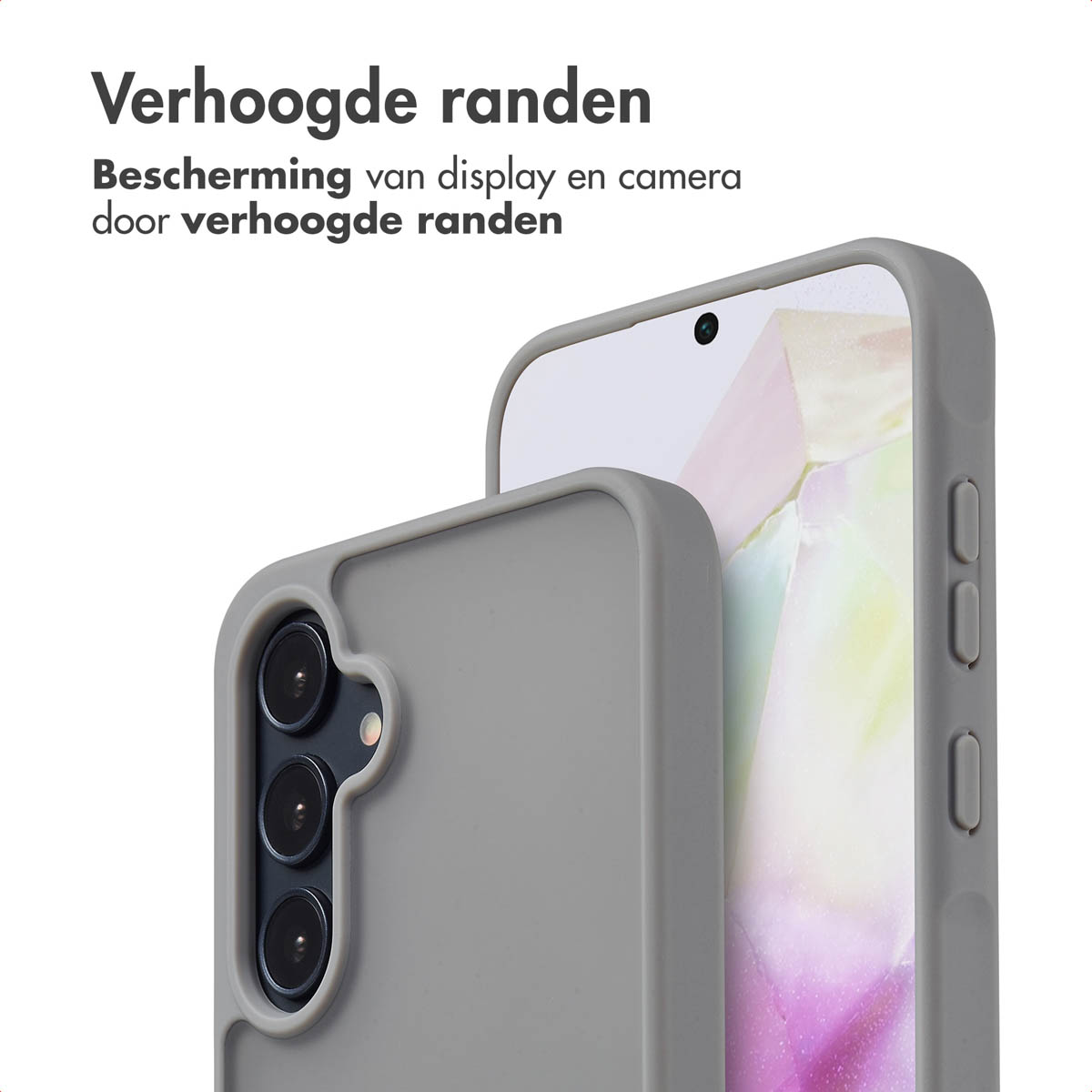 Gros plan sur une coque de téléphone grise avec un téléphone. La coque a un bord surélevé.