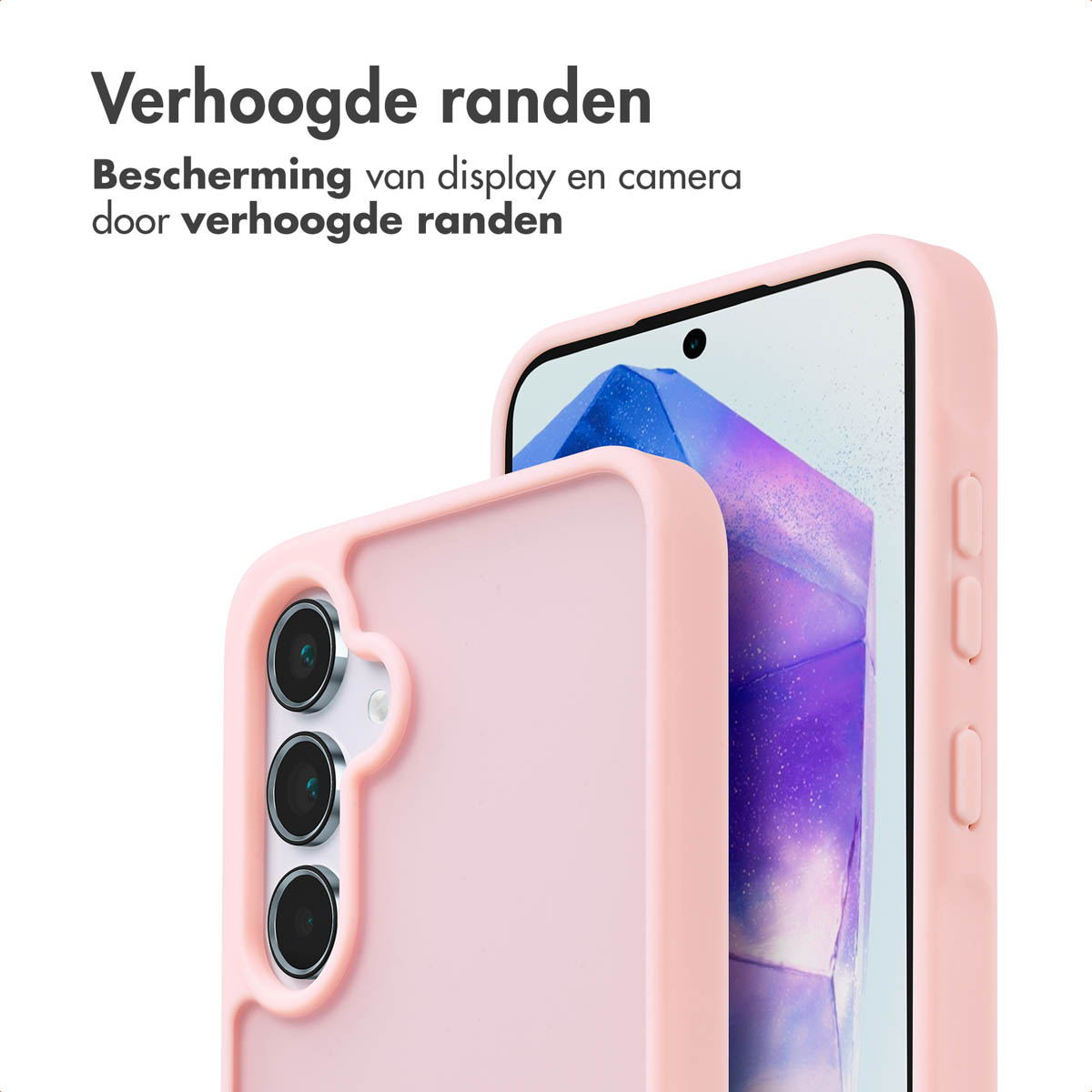 Twee roze telefoonhoesjes, één toont de achterkant en één de voorkant. De tekst luidt 'Verhoogde randen'.