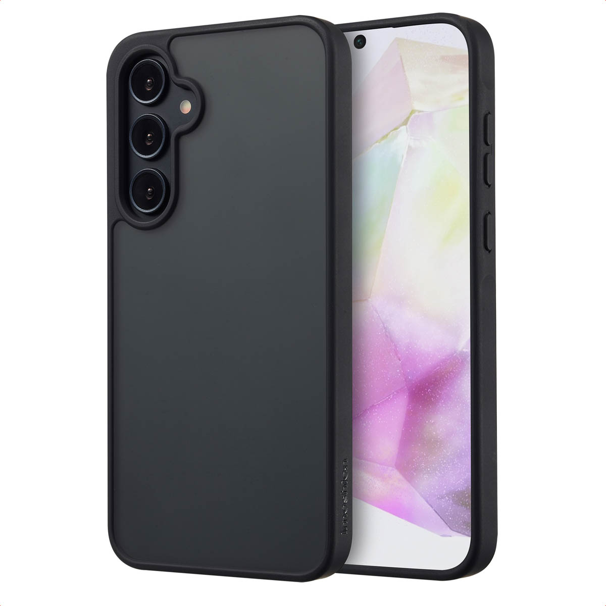 Een zwarte telefoonhoes op een wit display. De hoes heeft een zwart frame.