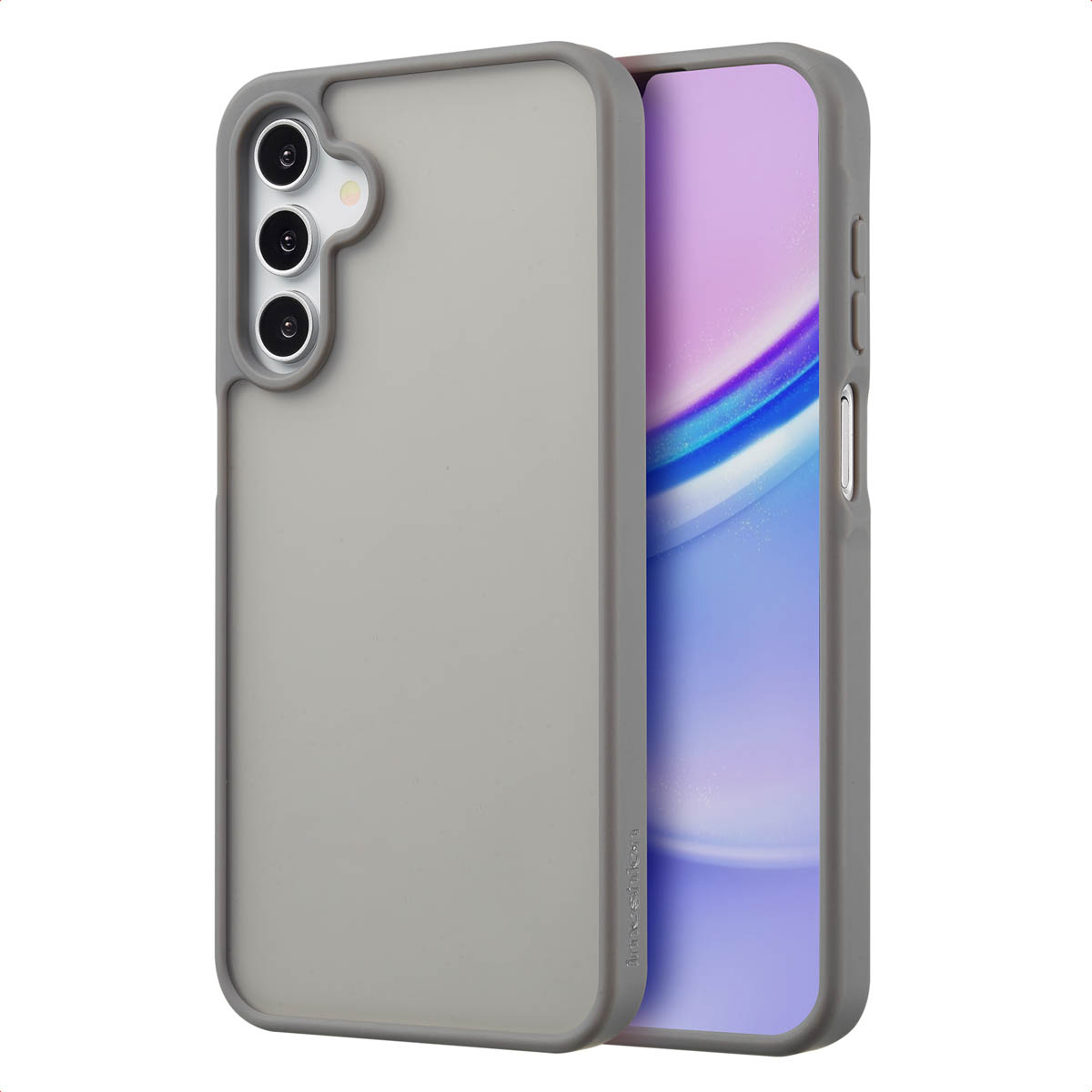 Twee telefoonhoesjes, een grijze aan de linkerkant, met een telefoon erin.