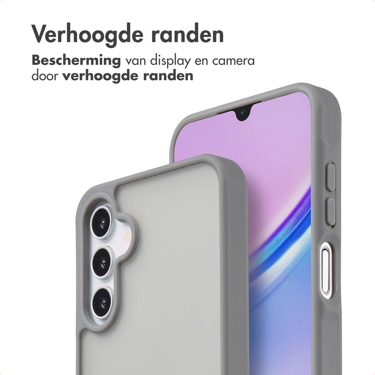 Grijze telefoonhoes op telefoon. Tekst: Verhoogde randen, beschermt het scherm. Witte achtergrond.