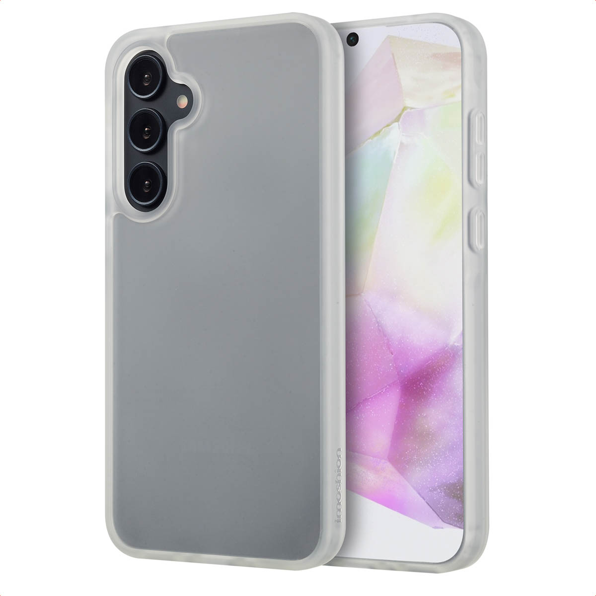 Grijze telefoonhoes met telefoon. De hoes heeft een verhoogde rand en een doorzichtige achterkant.