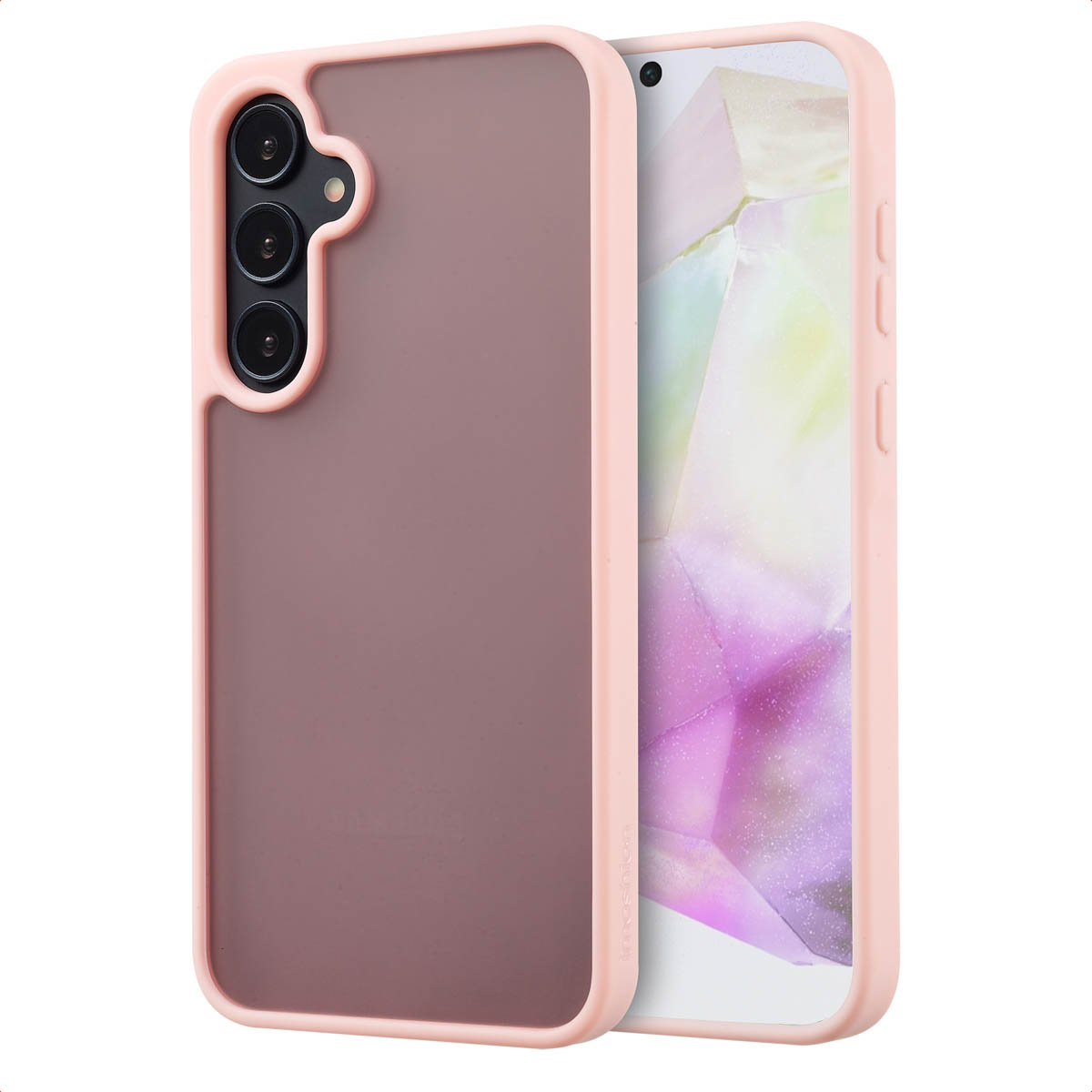 Een telefoonhoesje met een roze rand en een bruin midden. Het scherm van de telefoon is zichtbaar.