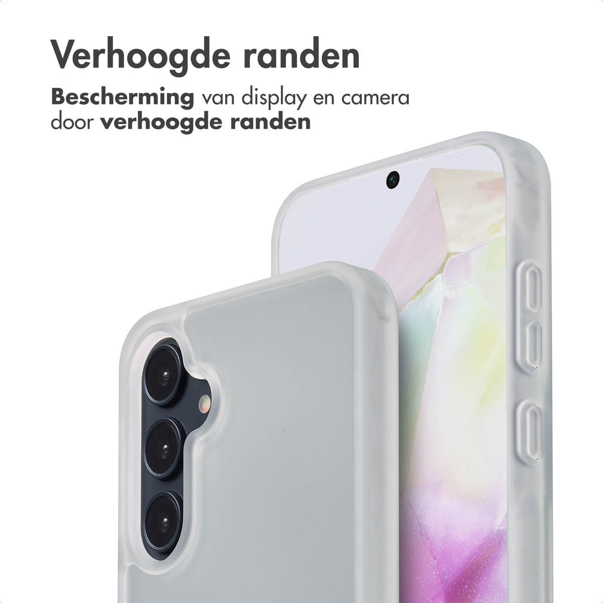 Close-up van een telefoonhoesje met verhoogde randen voor schermbescherming.