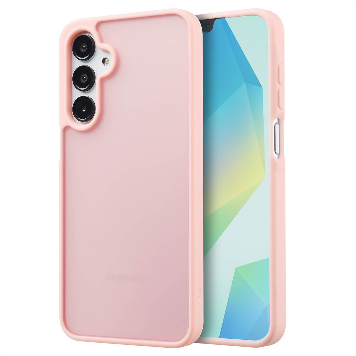 Een roze telefoonhoesje van de zijkant en voorkant getoond. Het telefoonscherm toont lichtblauwe en witte vormen.