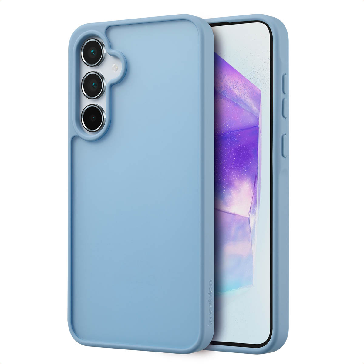Een lichtblauwe telefoonhoes met een zwarte telefoon erin. De hoes heeft een strak design met camera.
