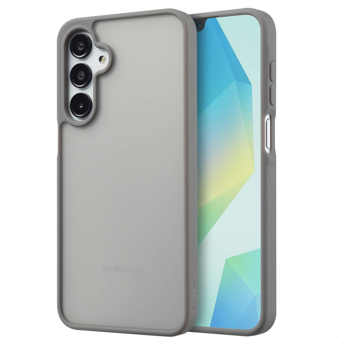 Grijze telefoonhoes met een telefoon erin. De telefoon heeft een lichtblauw scherm. De hoes heeft een grijze rand.