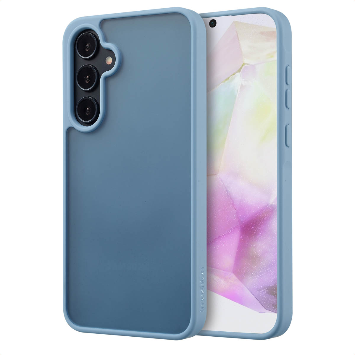 Blauwe telefoonhoes met telefoon. De telefoon zit in de hoes. Het heeft een scherm.