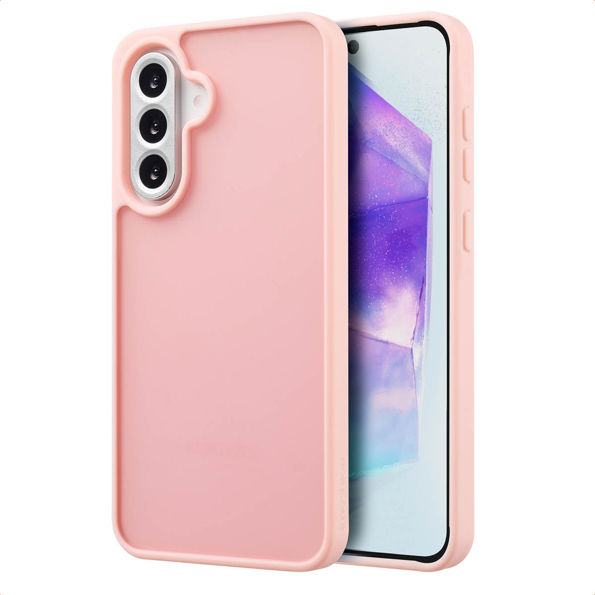 Roze telefoonhoesje met een telefoon erin. Drie camera's aan de achterkant.