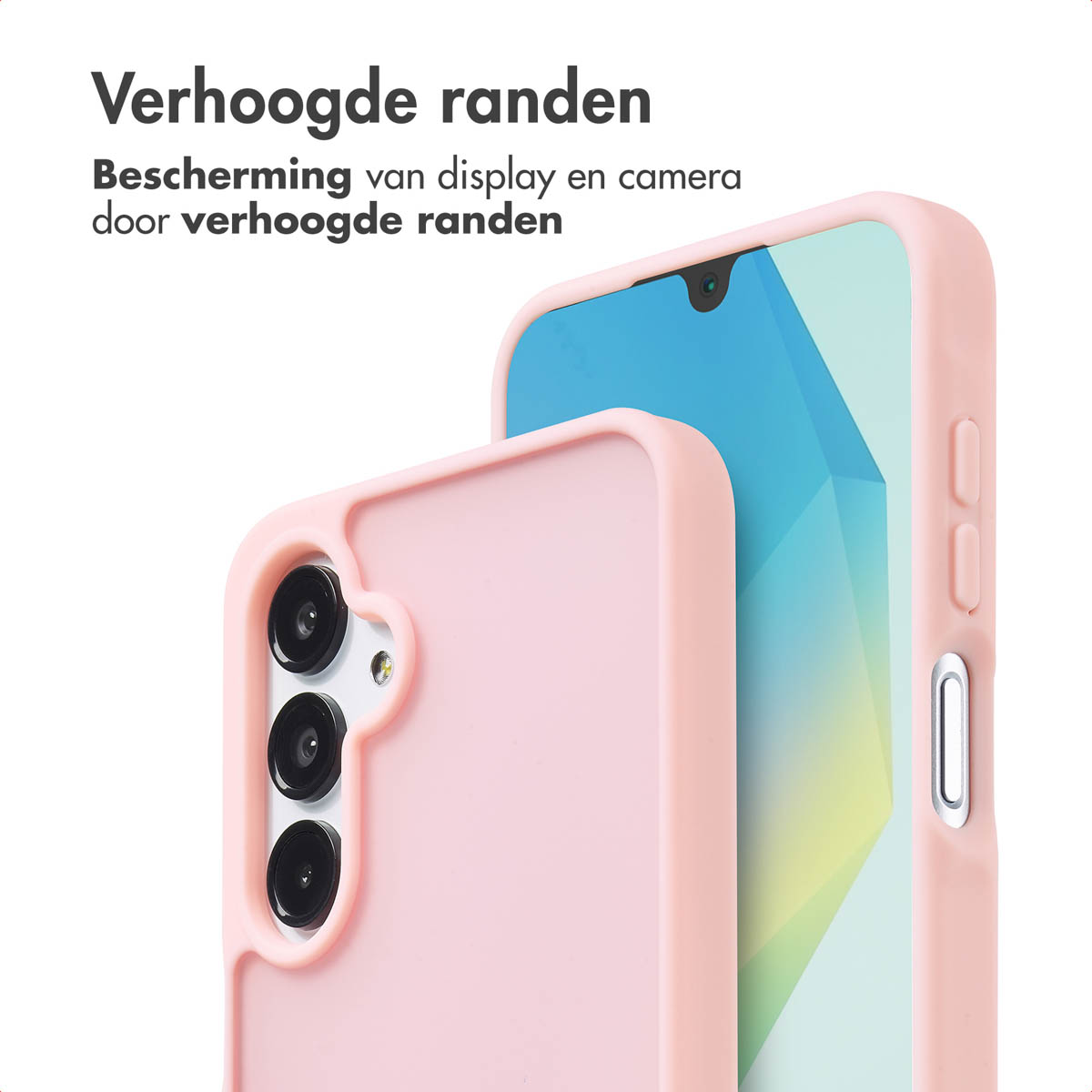 Roze telefoonhoes, met details van de telefoon en de hoes.