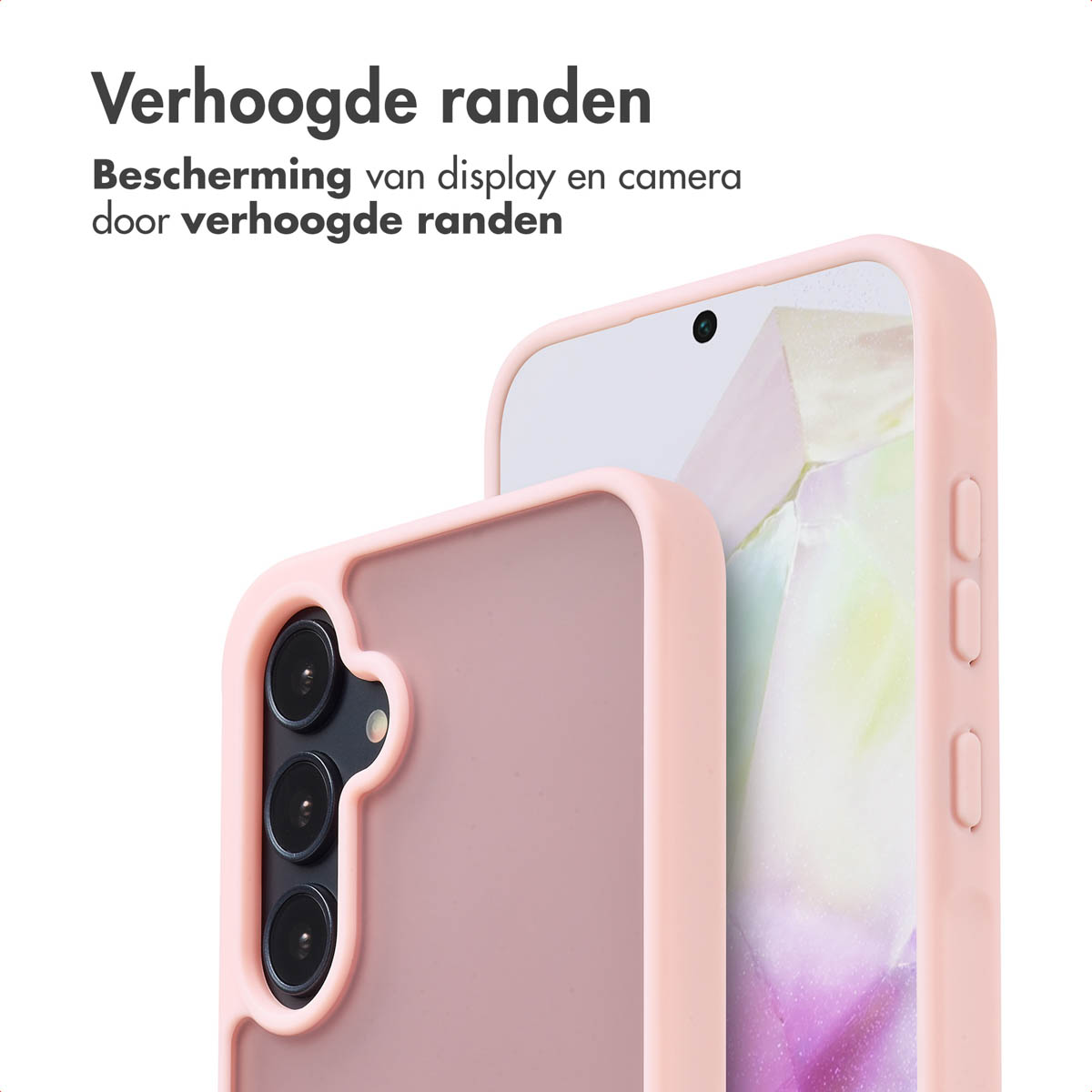 Een telefoonhoesje in roze met een donkerdere roze telefoon erin, met de camera en zijknoppen.
