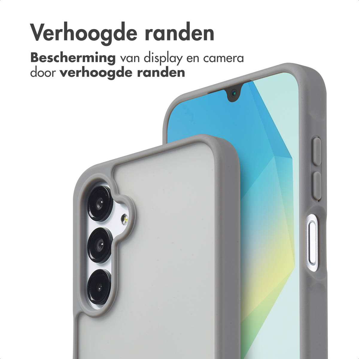 Twee grijze telefoonhoesjes met verhoogde randen, die het scherm en de camera beschermen.