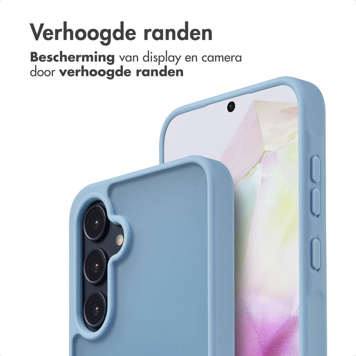 Blauwe telefoonhoes, met details van de telefoon en de hoes.