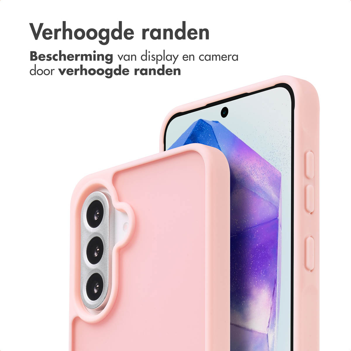 Twee telefoons in een roze hoesje. De tekst bovenaan zegt: Verhoogde randen. De telefoon staat op een witte achtergrond.