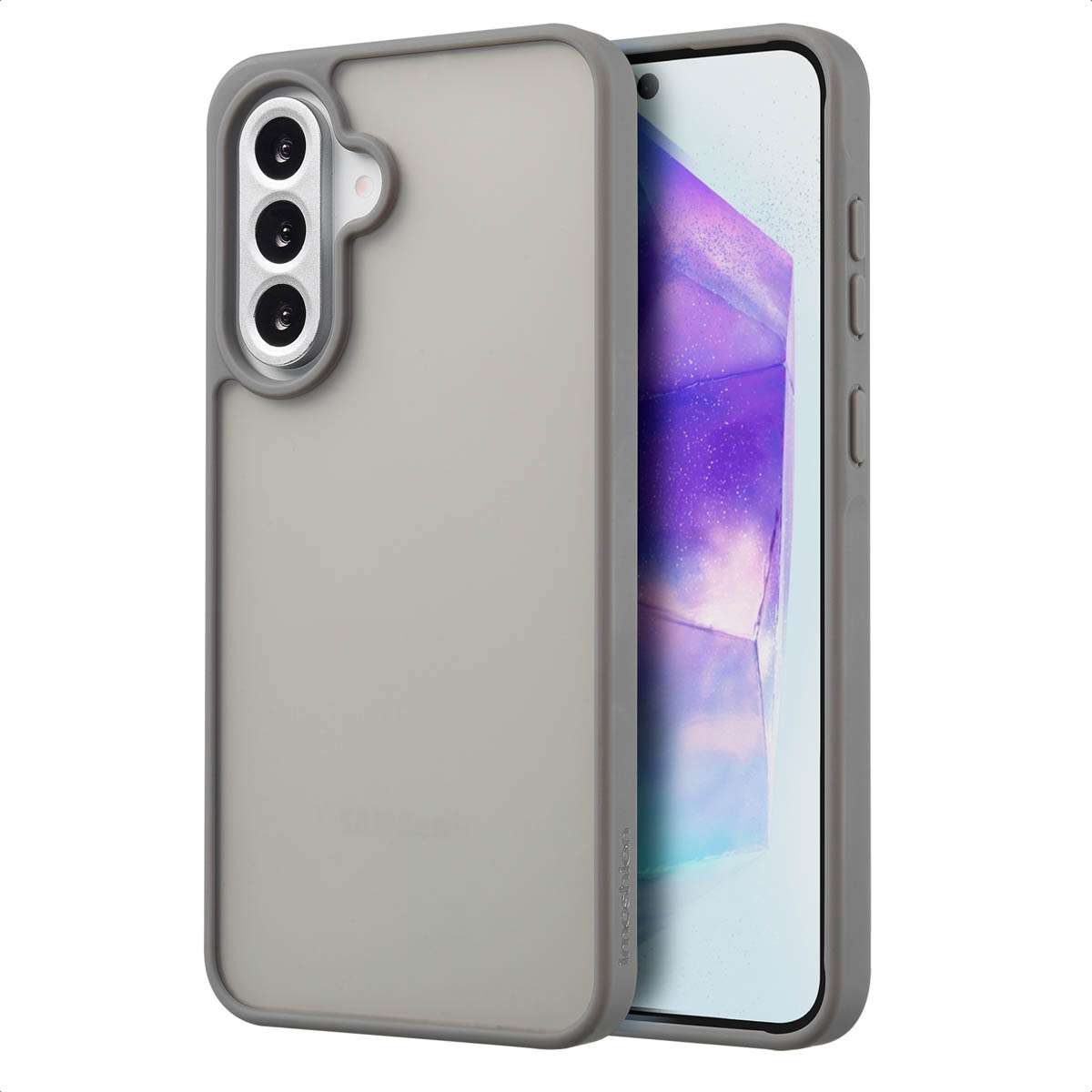 Grijze telefoonhoes met telefoon. De telefoon zit in de hoes. Het heeft een scherm.