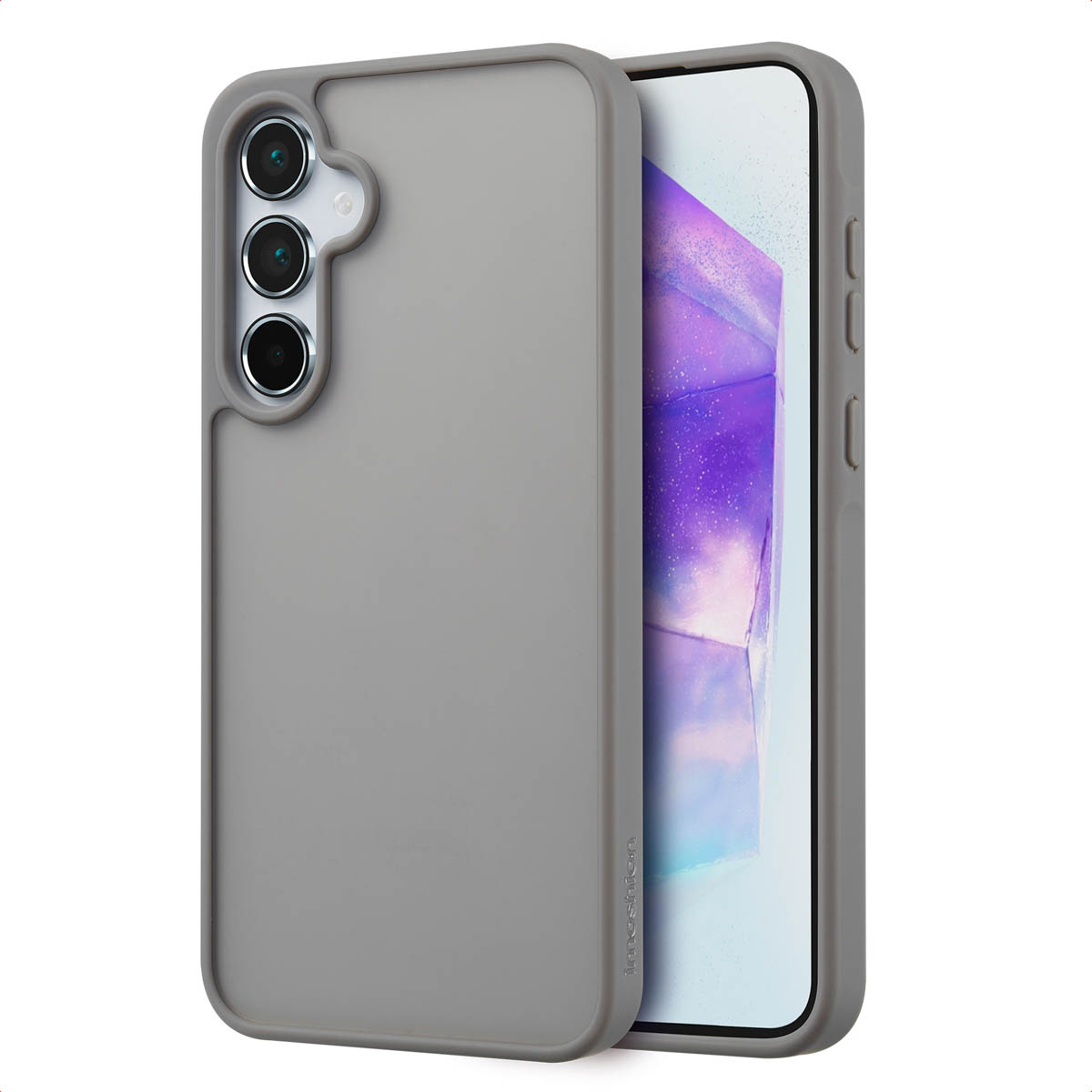 Une coque de téléphone grise avec un téléphone noir à l'intérieur. Design élégant avec caméra.