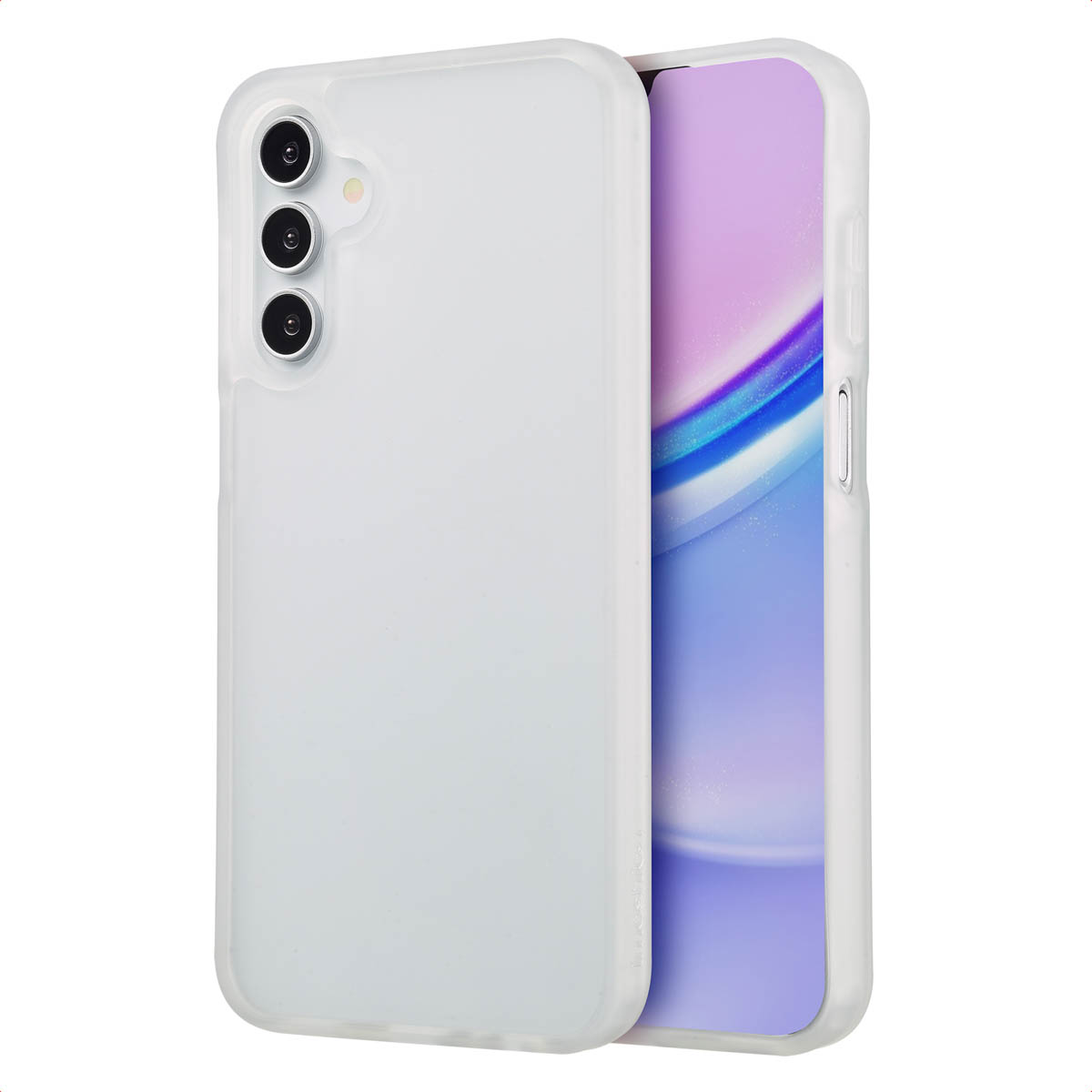 Coque de téléphone blanche avec un téléphone à l'intérieur. Le téléphone a un écran violet. La coque a une bordure blanche.