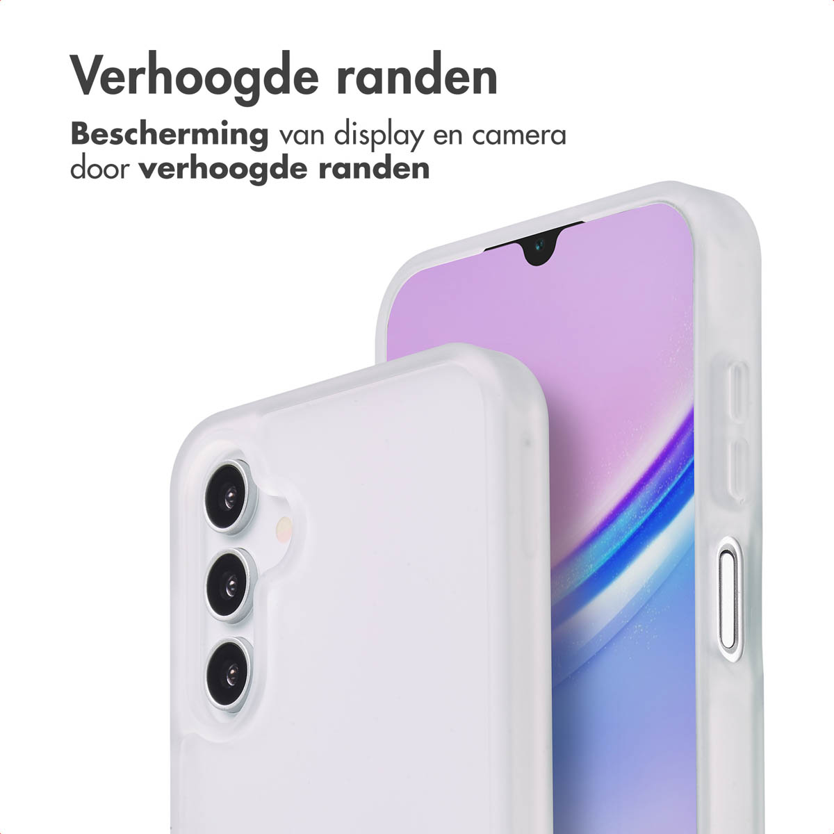 Coque de téléphone blanche avec un téléphone à l'intérieur. Trois caméras à l'arrière.