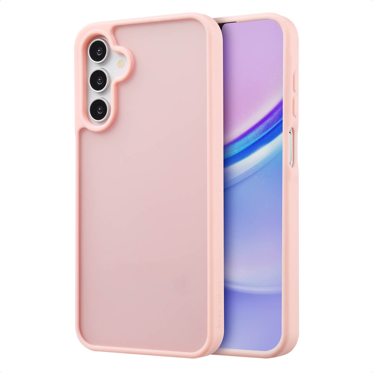 Roze telefoon in een roze hoesje. Het hoesje heeft een gladde, matte afwerking. Het scherm van de telefoon is zichtbaar.