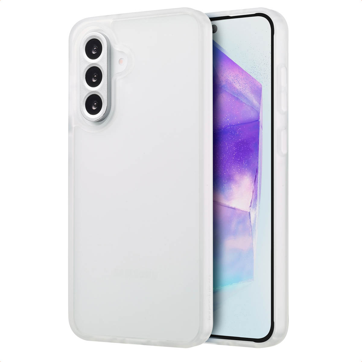Coque de téléphone blanche avec un téléphone à l'intérieur. Le téléphone a un dos blanc et un écran noir.