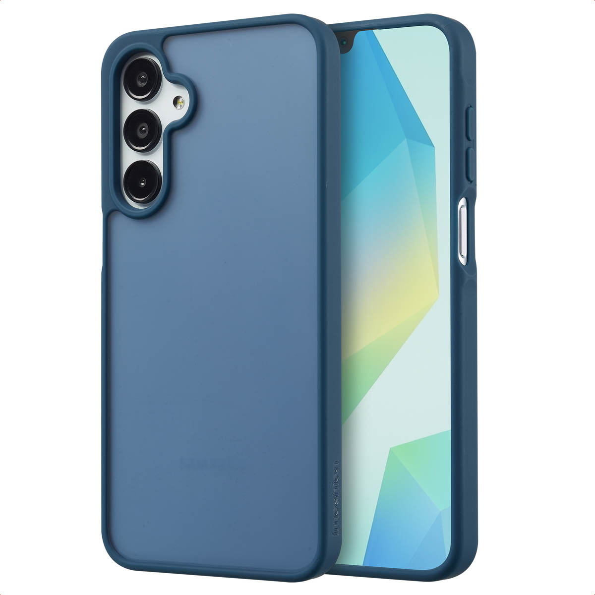 Coque de téléphone bleue sur un téléphone, vue latérale. La coque est mate. L'écran est visible.