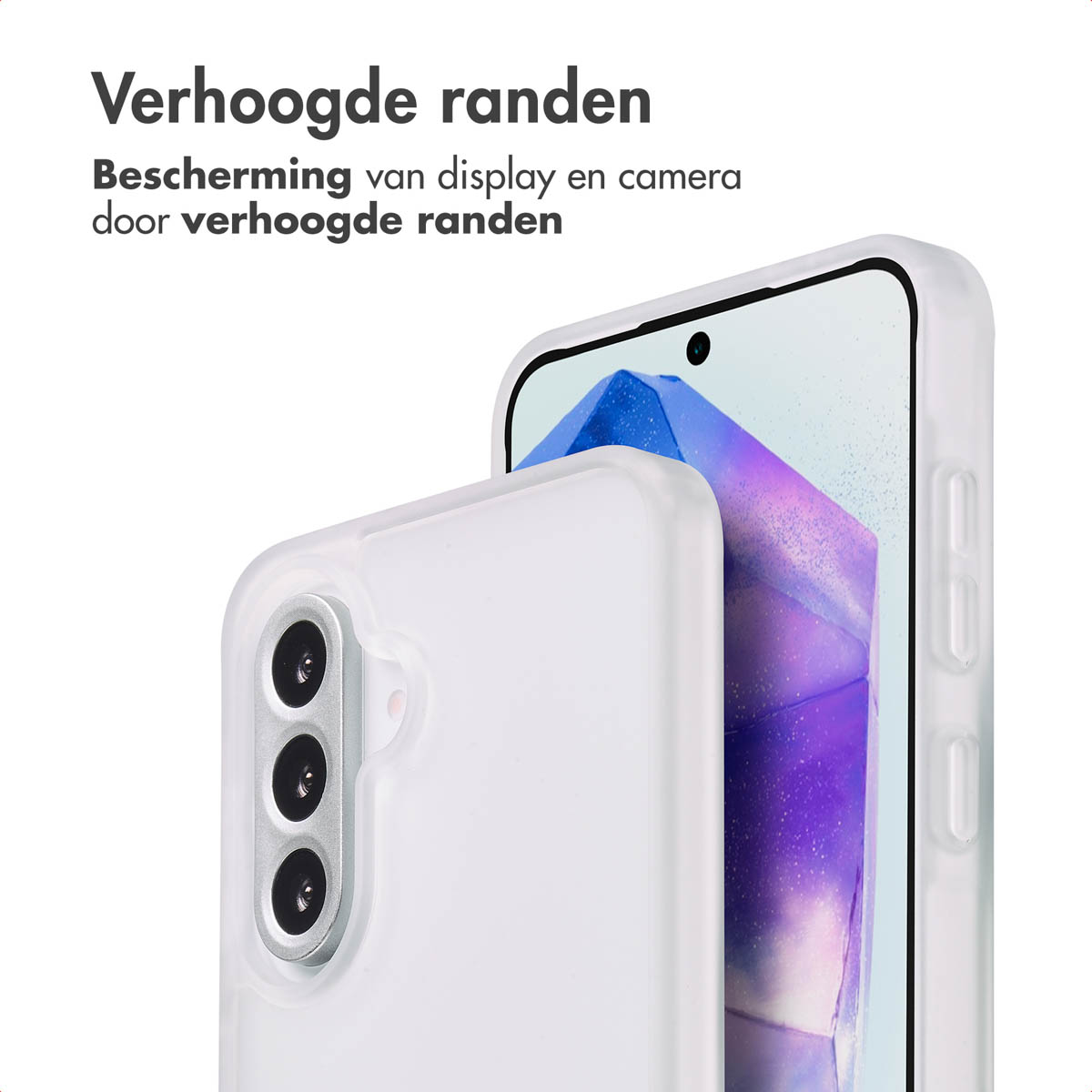 Coque de téléphone blanche. Texte : Bords surélevés. Protège l'écran et l'appareil photo.