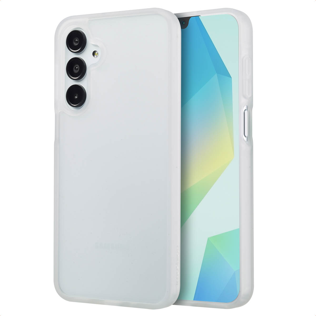 Coque de téléphone blanche avec un téléphone. La coque a un bord surélevé et un dos transparent.