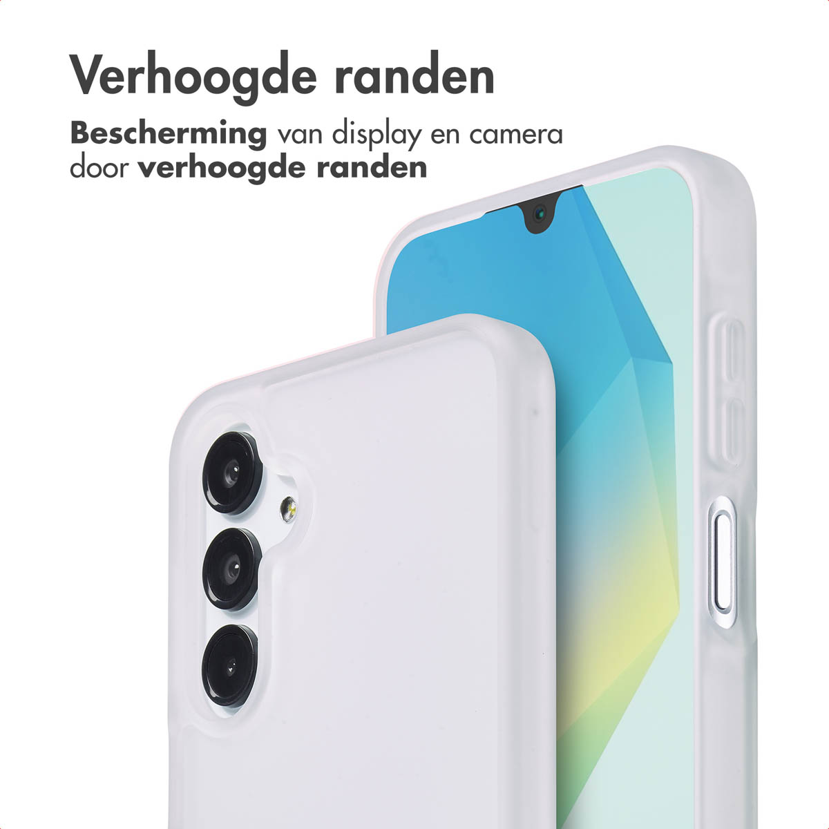 Deux coques de téléphone blanches, l'une montrant l'arrière et l'autre l'avant. Texte : 'Verhoogde randen'.