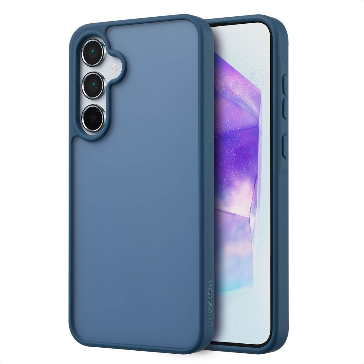 Blauwe telefoonhoes met een telefoon. Zwarte camera, geïsoleerd op witte achtergrond.
