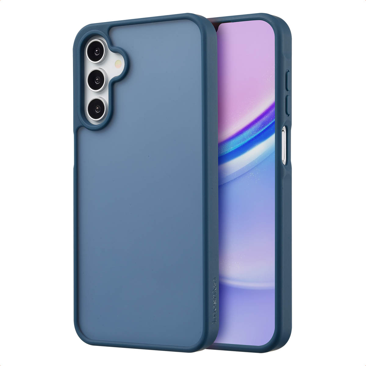 Blauwe telefoonhoes met telefoon. De hoes heeft een verhoogde rand en een blauwe achterkant.
