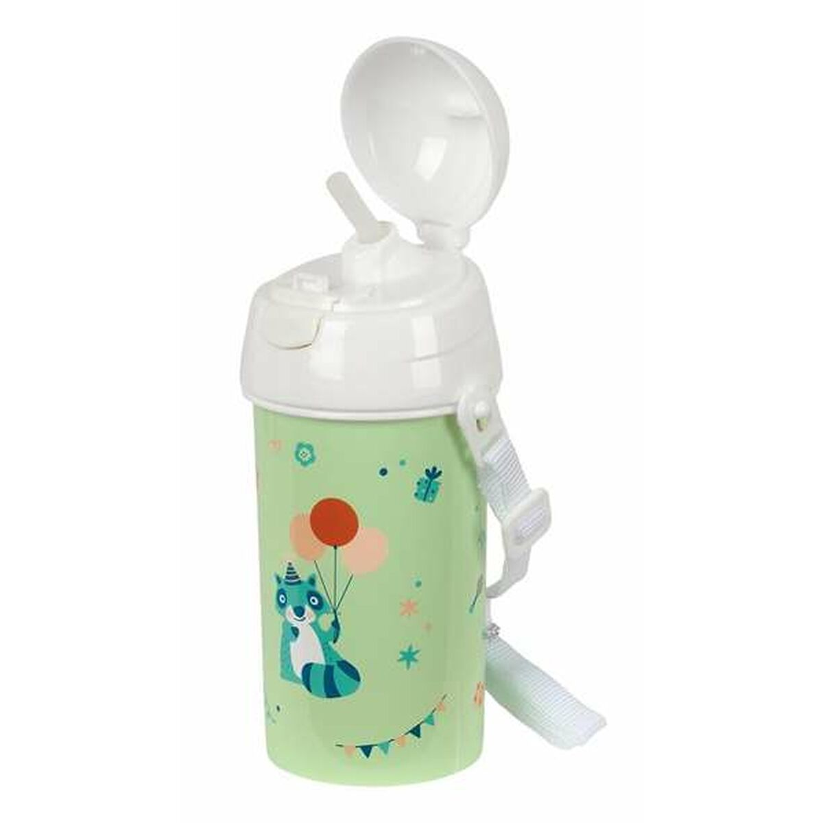 Eine grüne Babyflasche mit Waschbär-Illustration, offenem Deckel und Strohhalm.