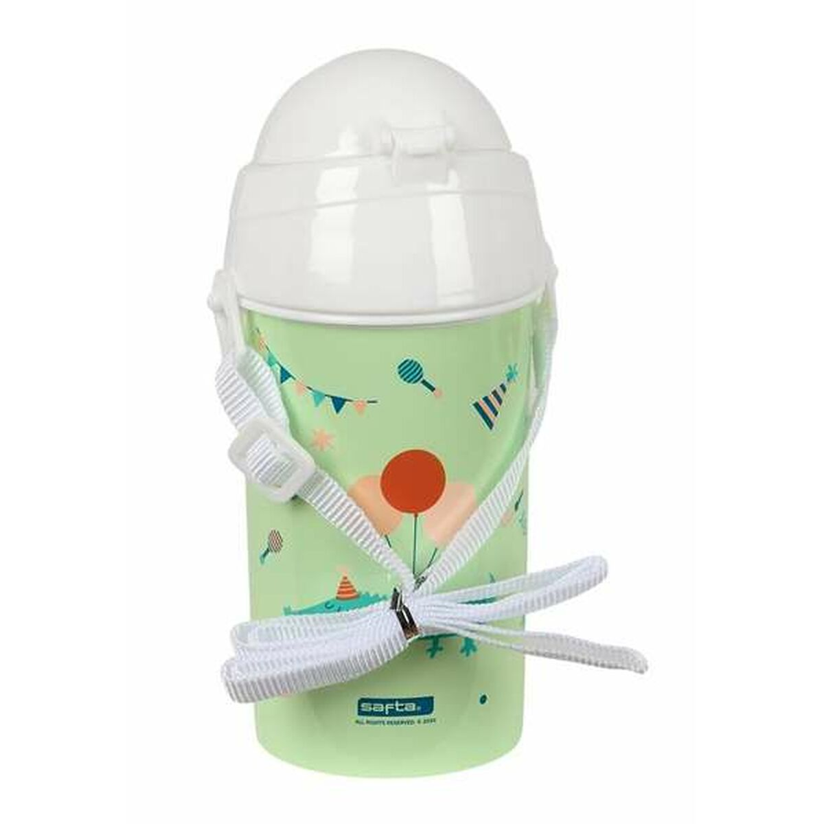 Eine grüne Wasserflasche mit weißem Deckel, Riemen und einem Design von Ballons und einem Krokodil.